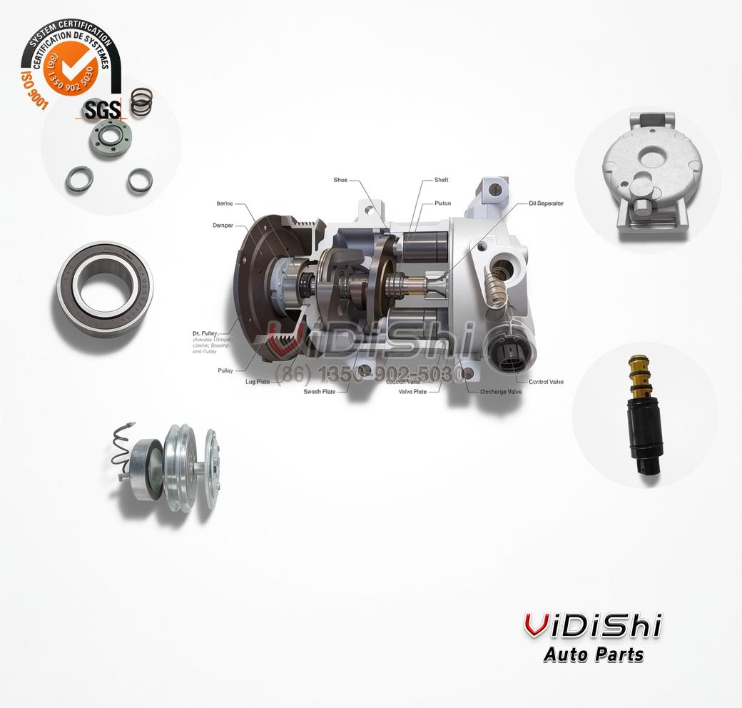 5H14-7H13 Universal AC Compressor 12V/24V Bus Truck R134a 2 5H14-7H13 compressor internal cutaway showing wobble plate and valve plate