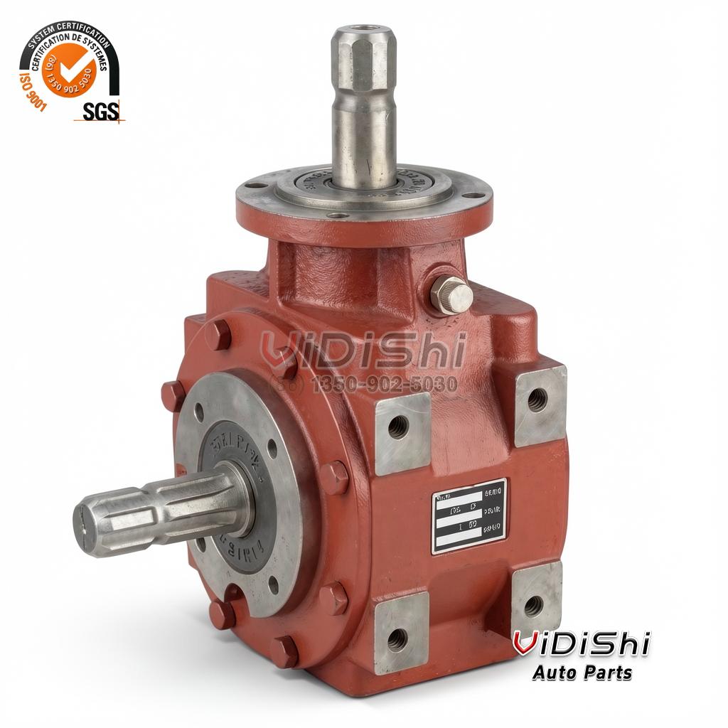 Red gearbox with side output shaft and bolted flange face
