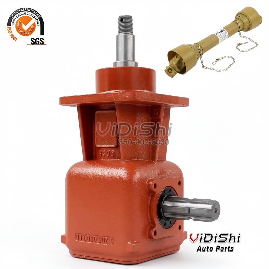 Red square gearbox housing with top input shaft and side output shaft