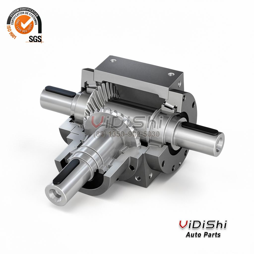CAD render of a spiral bevel gearbox with shafts and housing