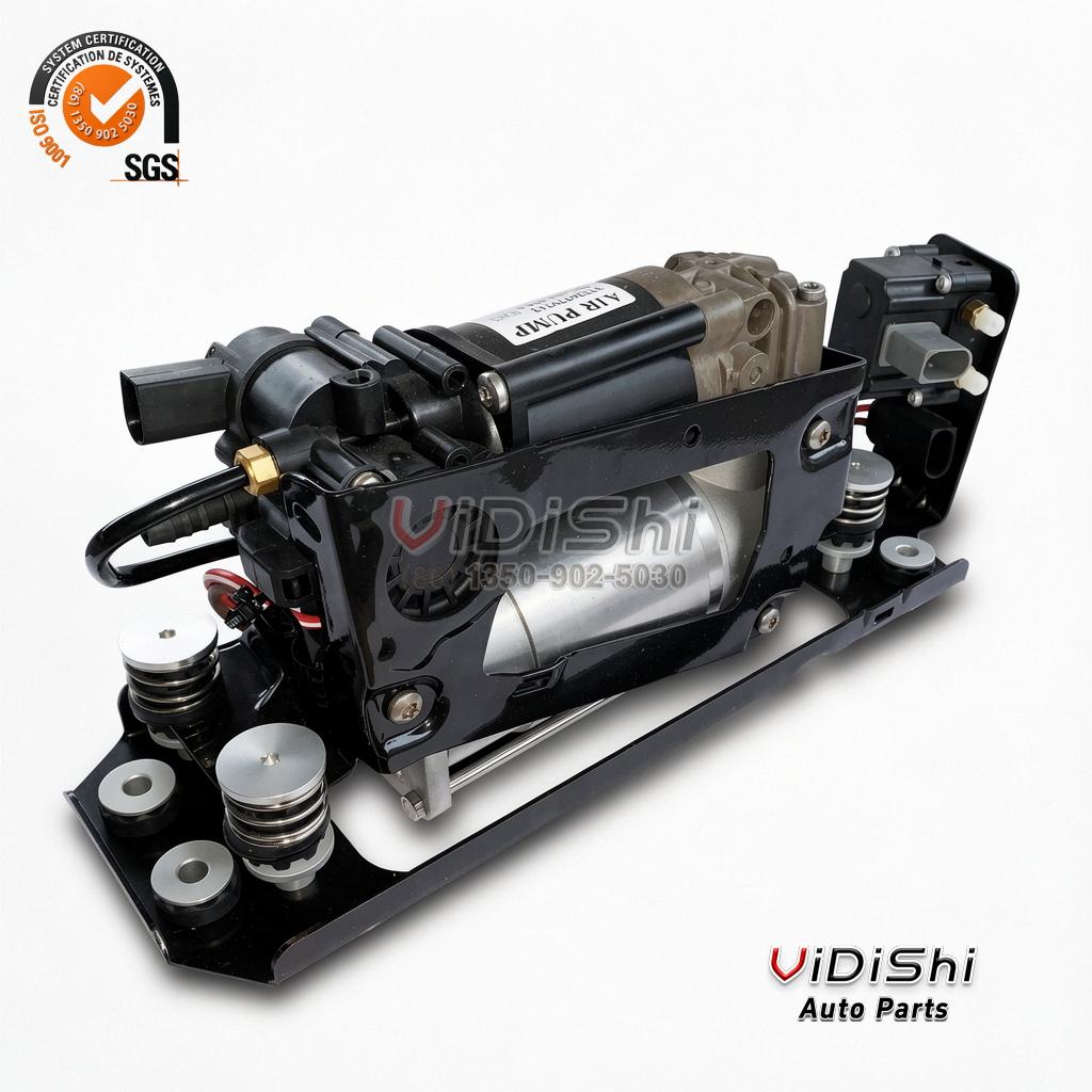 37206789450 BMW air suspension compressor pump assembly on bracket, side view