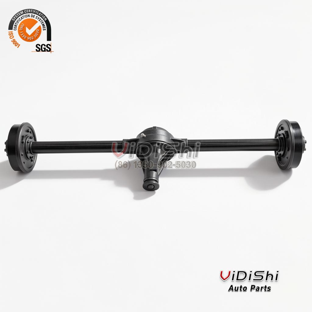 4WD Front and Rear Axle Set with Transfer Case 1 to 2 Ton 4 Rear drive axle laid horizontally with black axle housing and drum brake hubs fitted at both ends