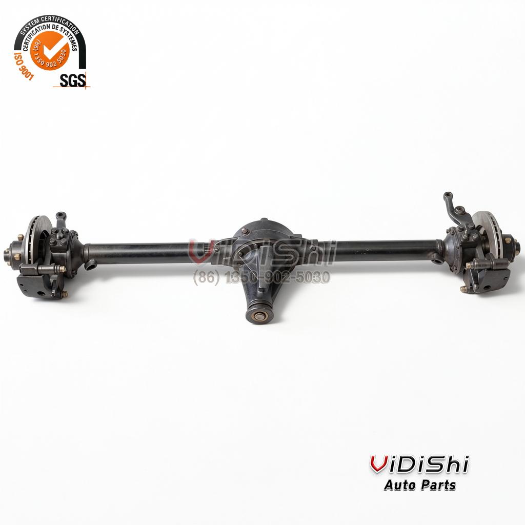4WD Front and Rear Axle Set with Transfer Case 1 to 2 Ton 6 Front drive axle laid horizontally with differential housing, disc brakes and steering arms at both ends
