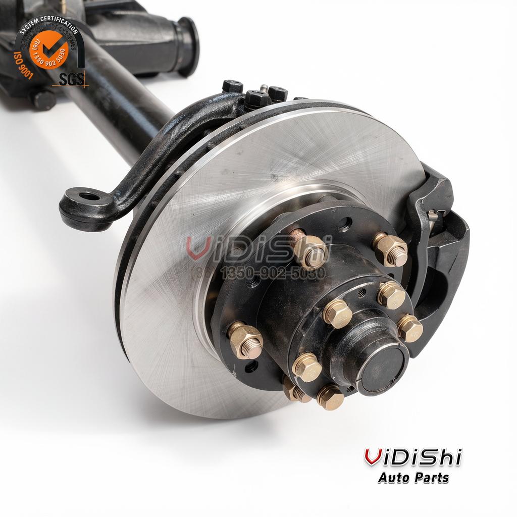 4WD front axle with disc brakes, rear axle with drum brakes and transfer case transmission shown together