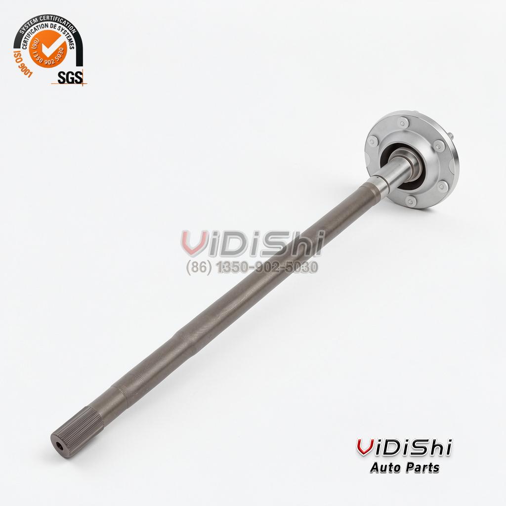 Rear axle shaft assembly at an angle: silver bolt-hole flange at one end, splined stub at the other
