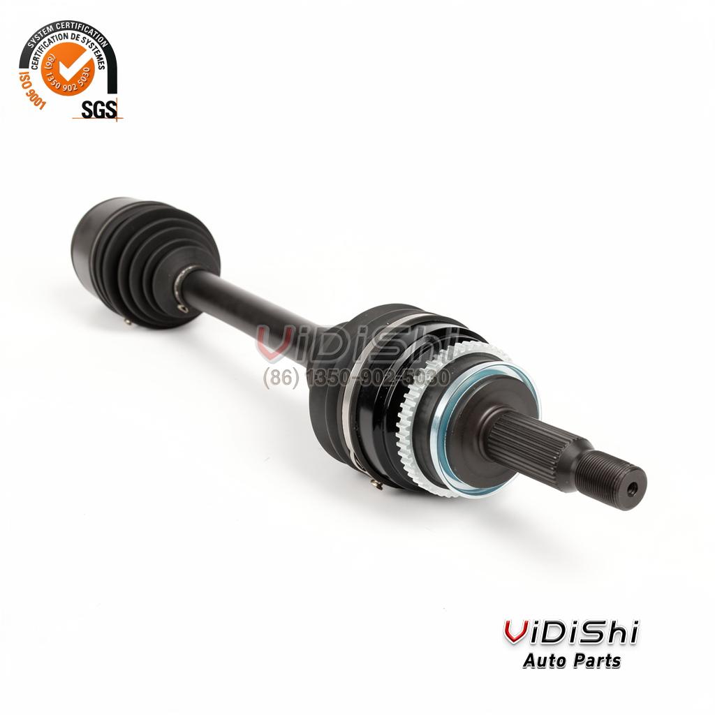 3715A097 Rear Axle Shaft Replacement for Mitsubishi Pajero 3 ABS ring end close up: silver gear-toothed ring, light blue seal and black joint housing of the rear axle shaft