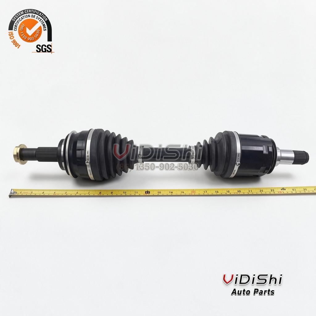 All Products 7 Front axle shaft laid flat beside a yellow tape measure stretched underneath, scale markings and numbers visible, 43430-60060