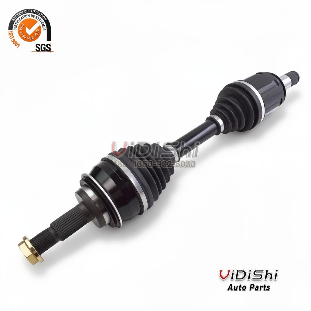 43430-60060 Front Axle Shaft Replacement for Toyota 4Runner 6 Front axle shaft assembly at an oblique angle, boots and joints at both ends, black shaft tube in the middle