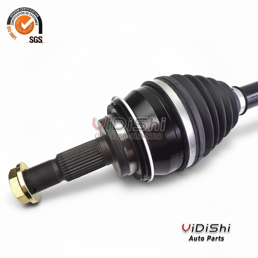 43430-60060 Front Axle Shaft Replacement for Toyota 4Runner 3 Outer end close up: splined threaded stub with gold locking piece, ground journal, black joint housing and ribbed boot