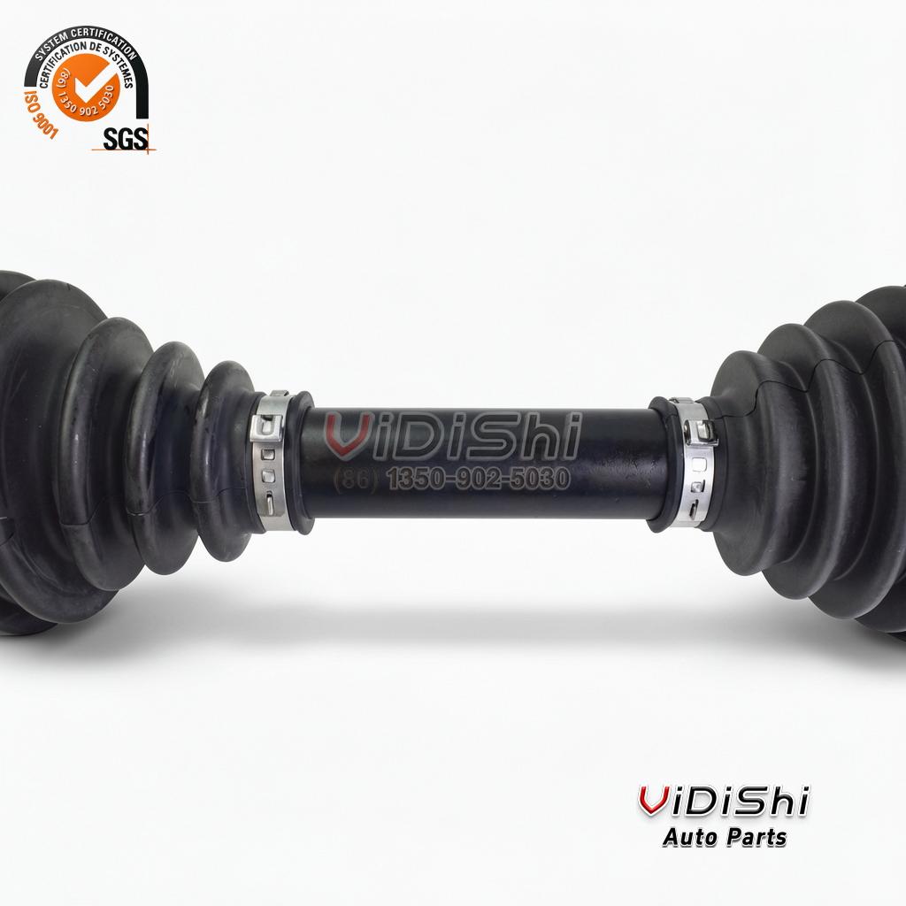 43430-60060 Front Axle Shaft Replacement for Toyota 4Runner 4 Mid-section of the front axle shaft: stainless ring clamps hold the ribbed rubber boots to the black shaft tube