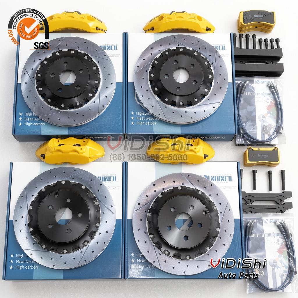 NS6-380-DODGE - Challenger Charger big brake kit full flat lay four yellow NAINEIL calipers drilled rotors pads brackets hose