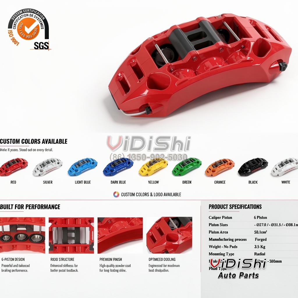 Big Brake Kit 068020626AB Replacement for Challenger 2 NAINEIL NS6 6 piston caliper spec card red color options forged 3.5KG radial mount