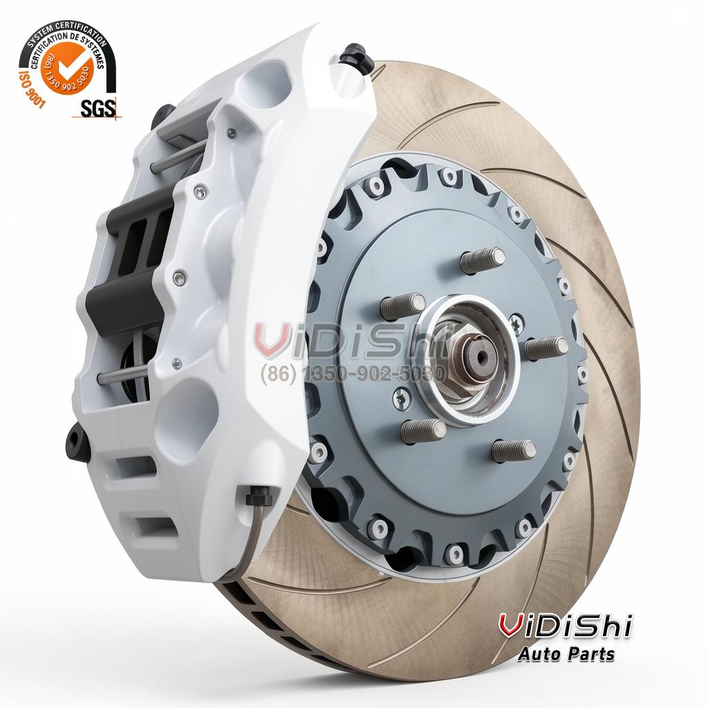Big Brake Kit 068020626AB Replacement for Challenger 5 NAINEIL NS6 white caliper mounted on slotted rotor render NS6 marking