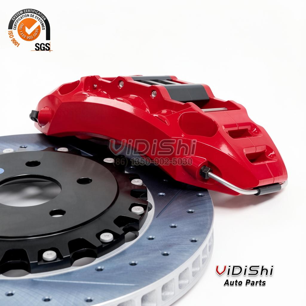 Big Brake Kit Replacement for S2000 5 NAINEIL red six piston caliper close-up on drilled rotor Honda brake kit