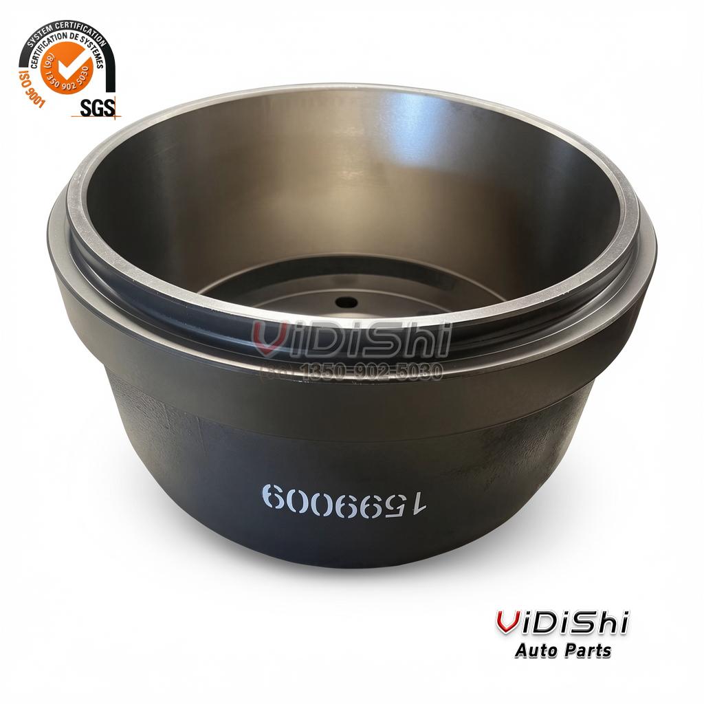 1599009 Brake Drum Replacement for Sinotruk HOWO A7 Truck 6 Second take of the steel brake drum face with machined flange holes and stenciled marking on the body