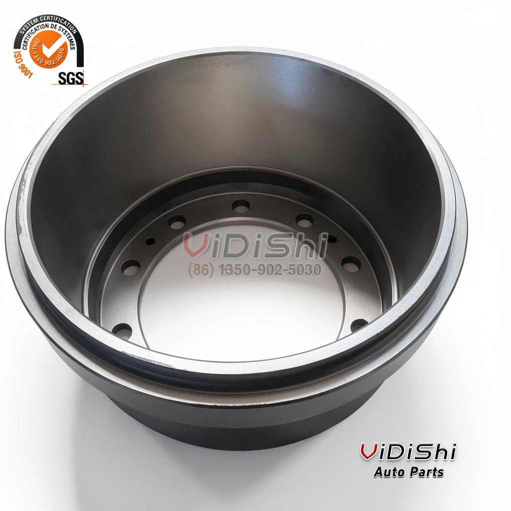 1599009 Brake Drum Replacement for Sinotruk HOWO A7 Truck 3 Truck brake drum assembled on its hub with a ring of wheel studs shown against a light background
