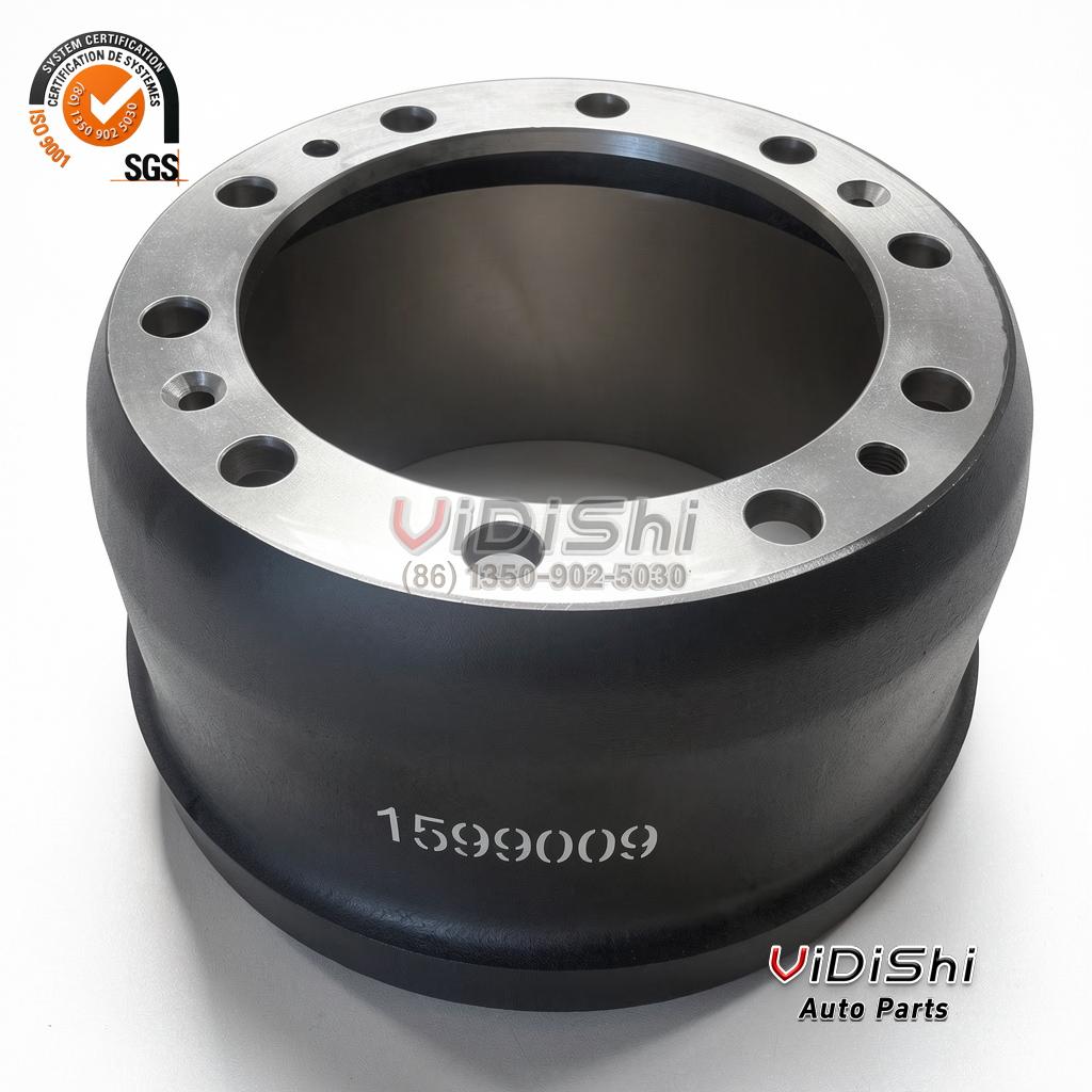 1599009 Brake Drum Replacement for Sinotruk HOWO A7 Truck 5 Brake drum laid face down showing the machined friction surface and mirrored stenciled marking on the body