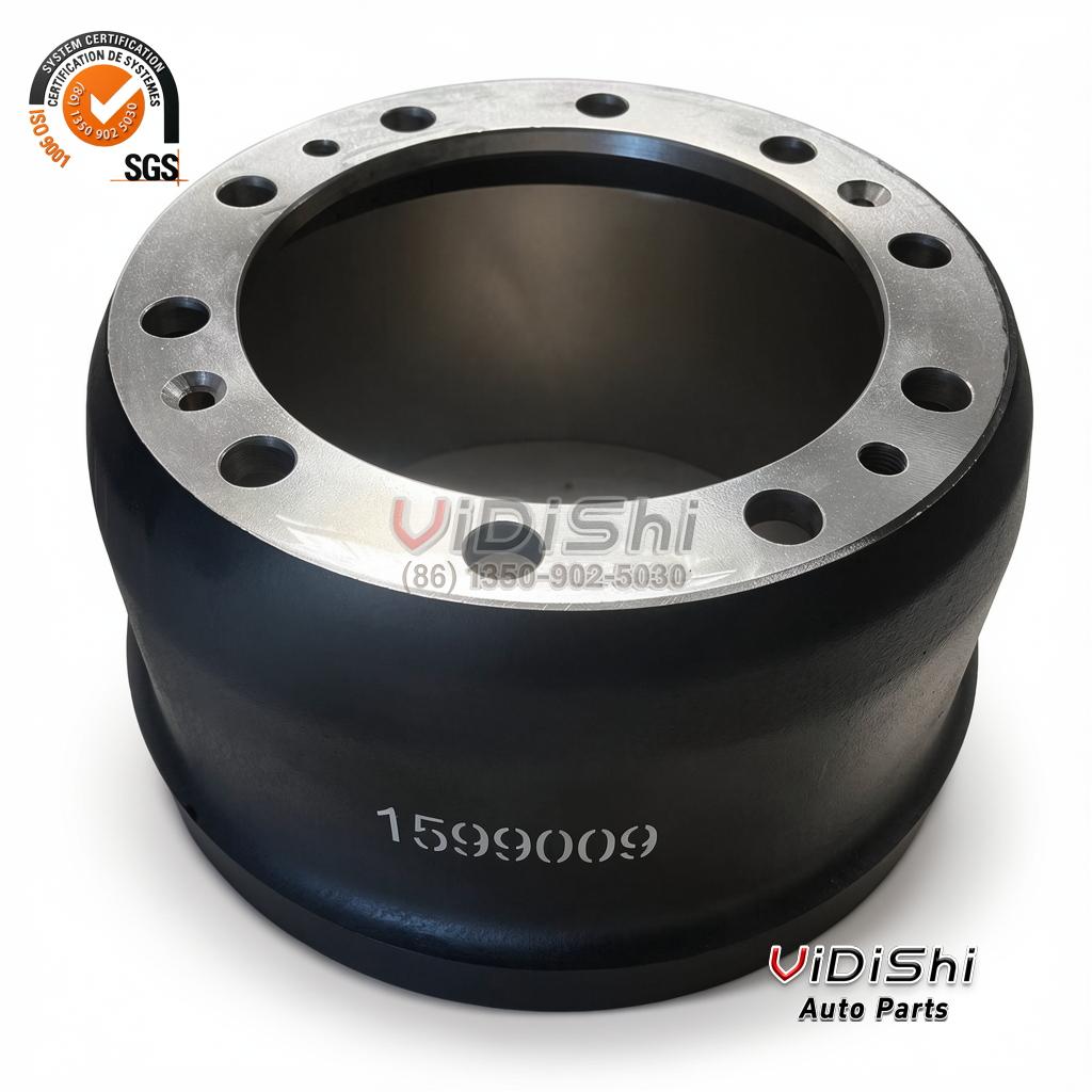 Steel truck front brake drum with machined silver mounting face and bolt holes around the center opening