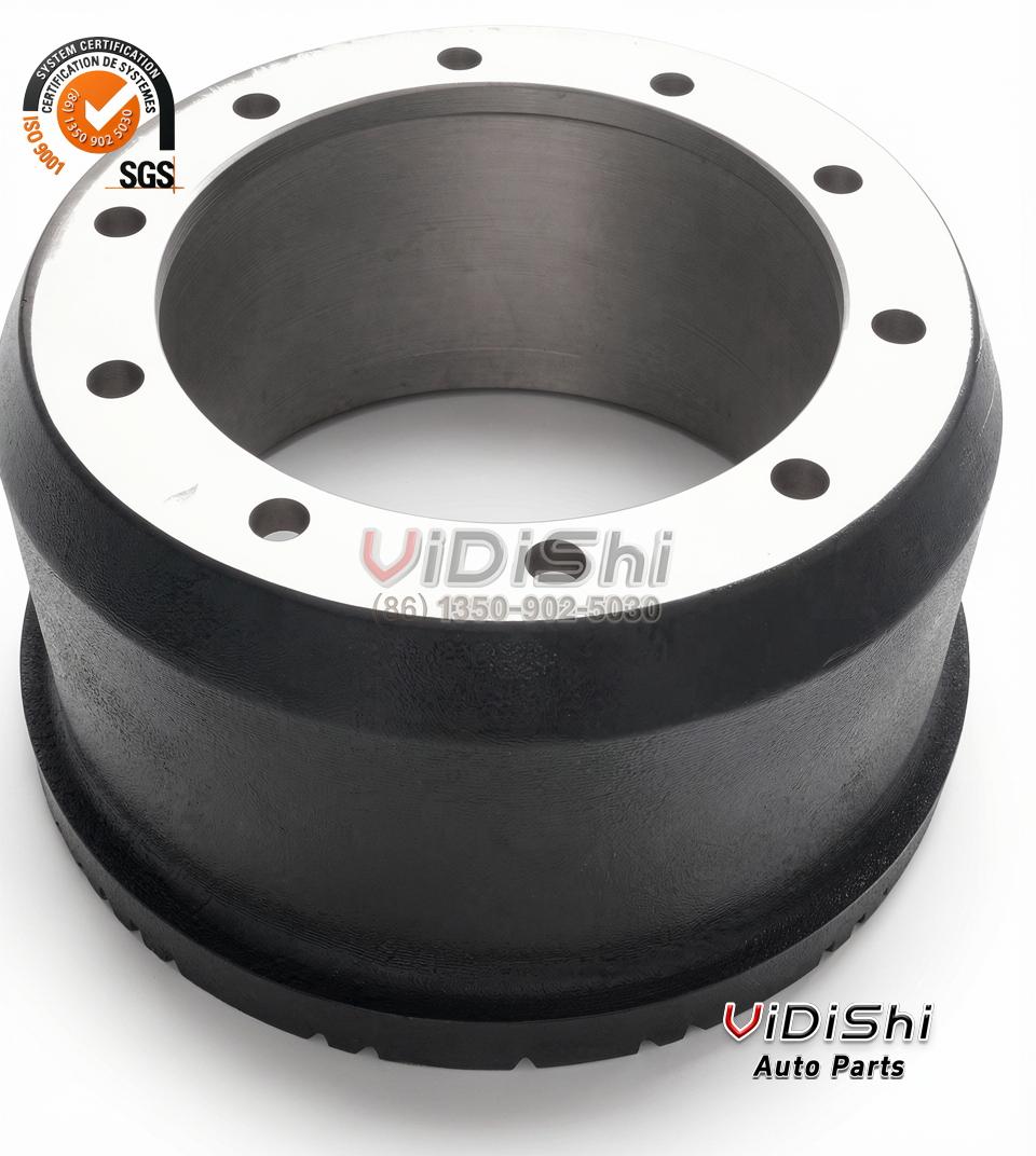 Single black brake drum with machined silver flange face, a ring of bolt holes and a reinforcing groove on the body
