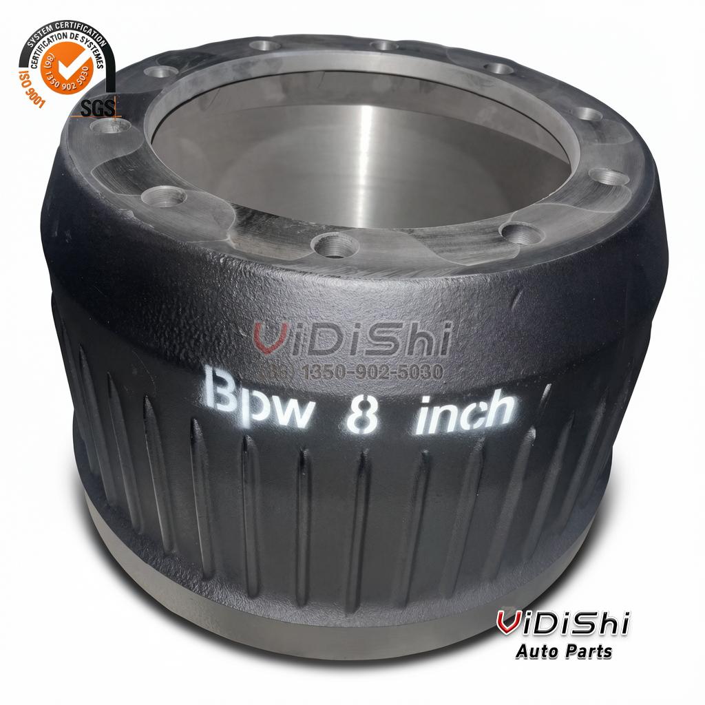 0310677630 Brake Drum for Truck and Trailer Axles 3 Angled view of the ribbed trailer drum showing the white painted size stencil and machined drum rim