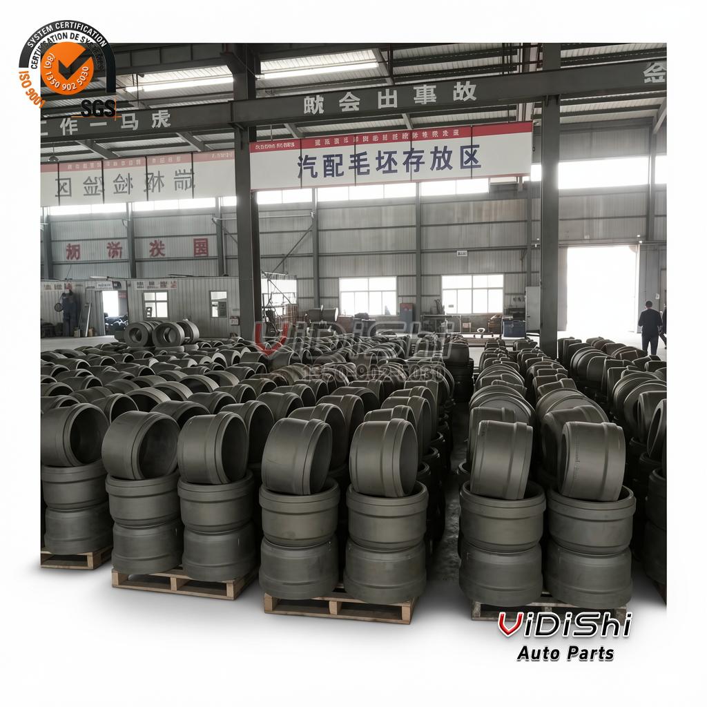 WG9112440001 Brake Drum Replacement for Sinotruk HOWO A7 3 Rows of unfinished cast iron brake drums stacked on wooden pallets inside the workshop