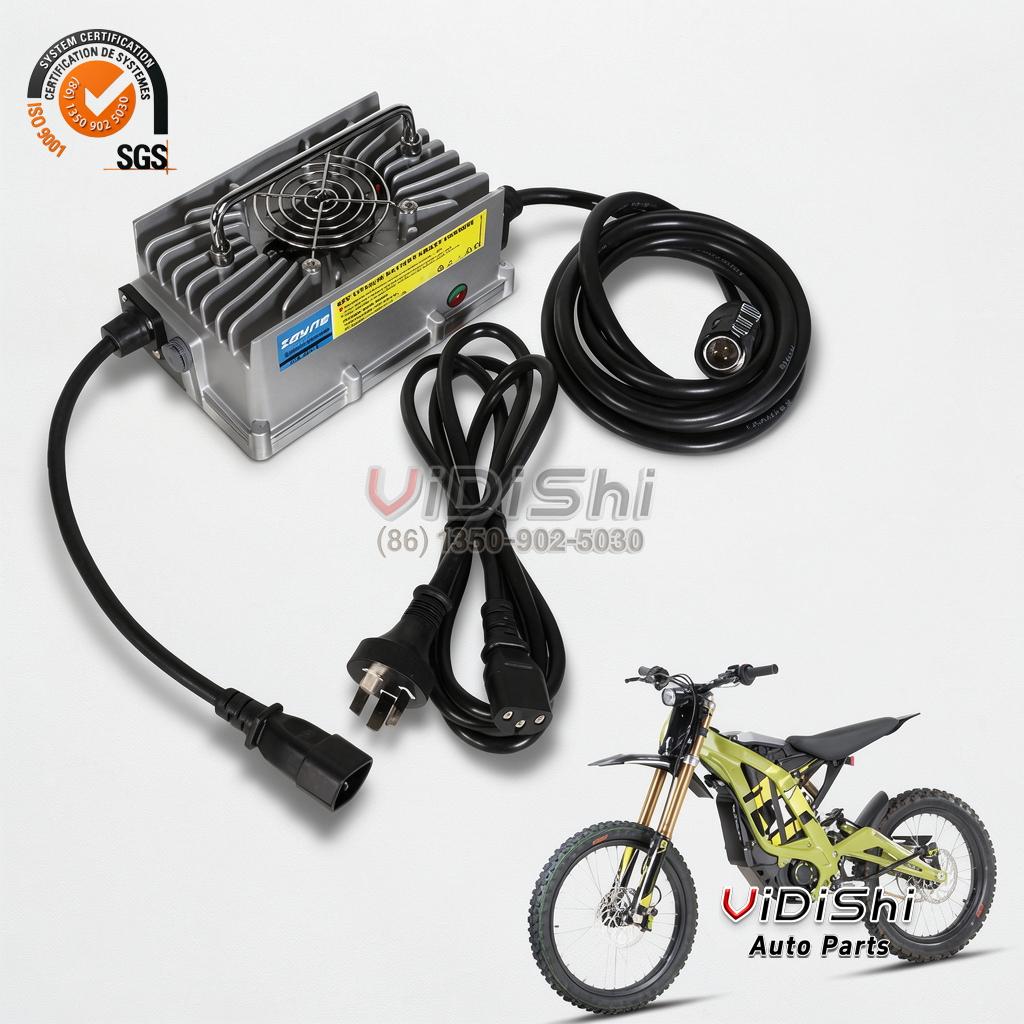 Finned electric motorbike charger with AC cable, DC charge cable and an electric off-road bike