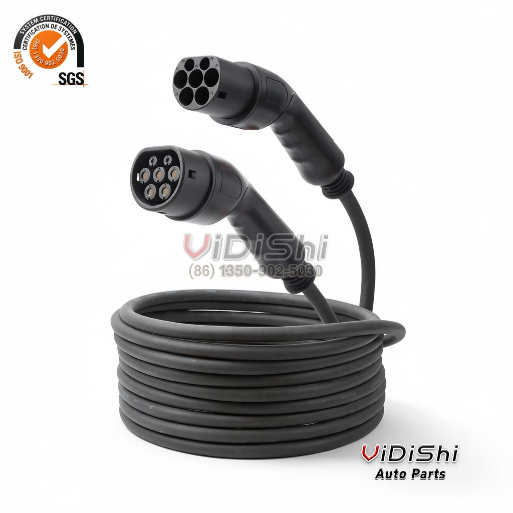Type 2 to Type 2 EV charging cable with coiled cord and SGS ISO 9001 badge