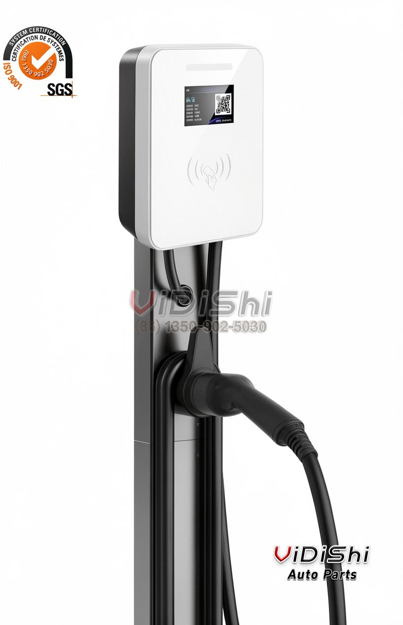 White 22kW Type 2 wall charger on a pedestal with QR screen, RFID reader and holstered connector