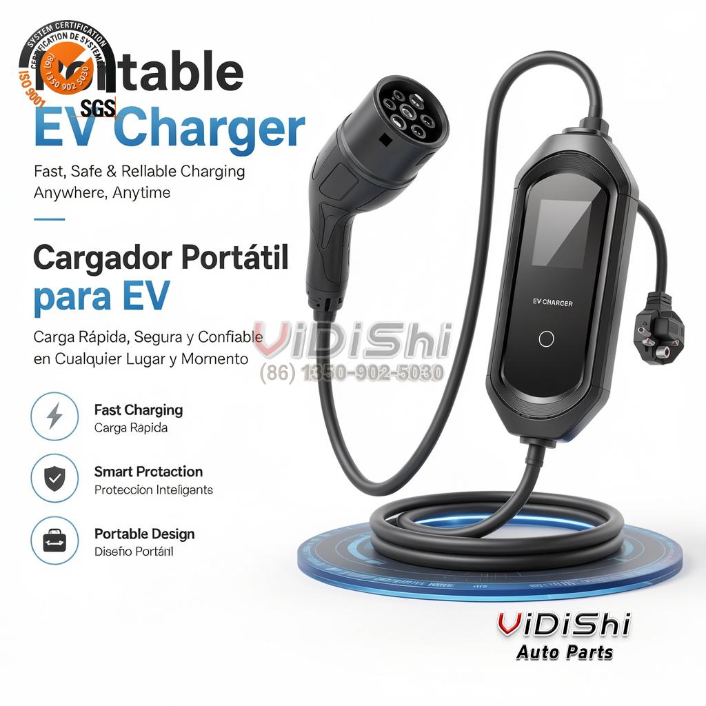 Portable EV charger with Type 2 connector, control box and power plug
