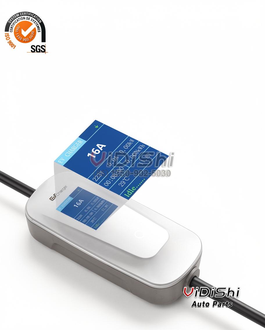 White portable EV charger control box with LED screen showing 16A, 223V, 29C and Idle status