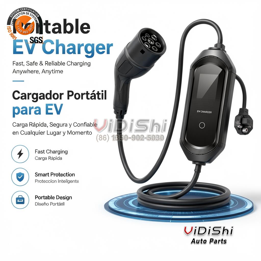 Portable EV charger with a black control box, a 7-pin Type 2 connector and a round EU plug on a coiled cable