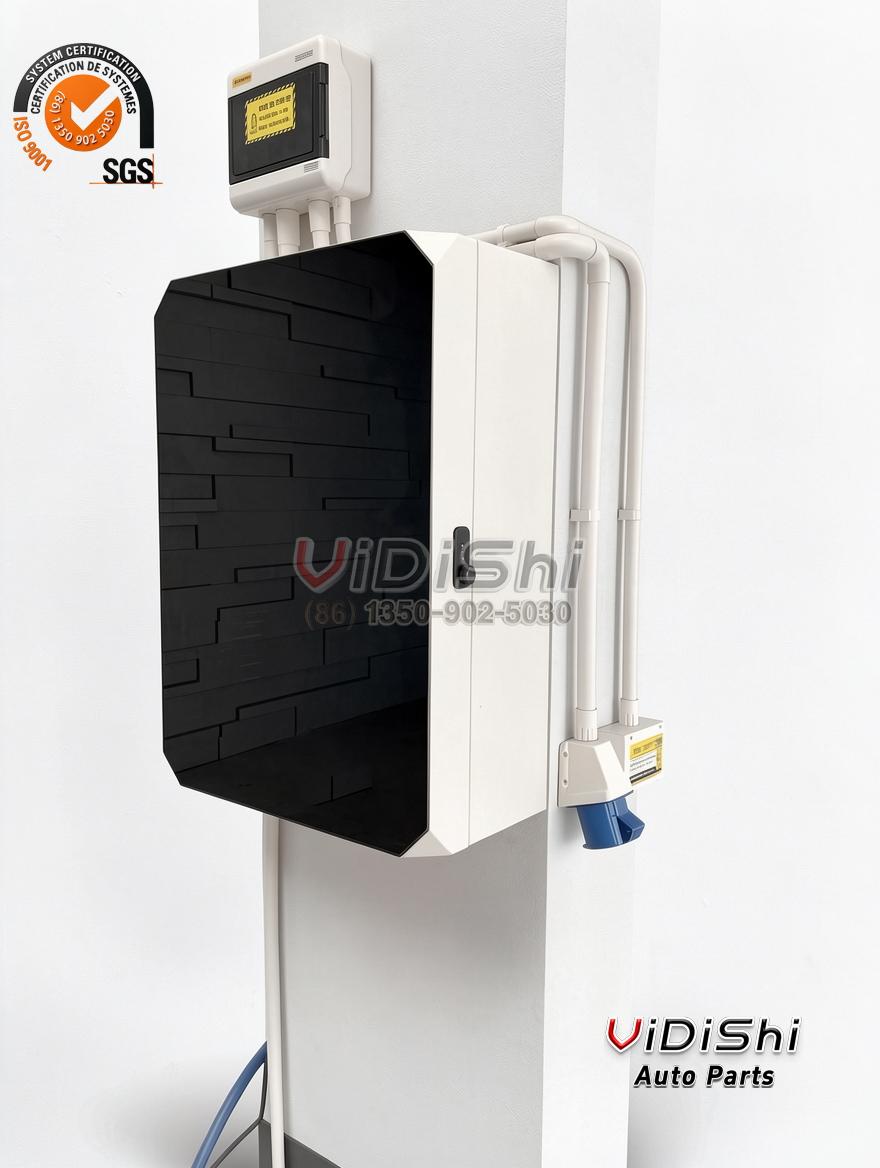 White metal EV charger enclosure with a black textured front mounted on a column below an energy meter