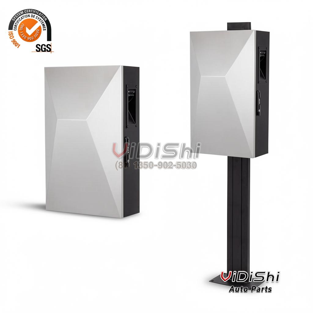 Silver metal EV charger protection box shown wall-mounted and on a pedestal