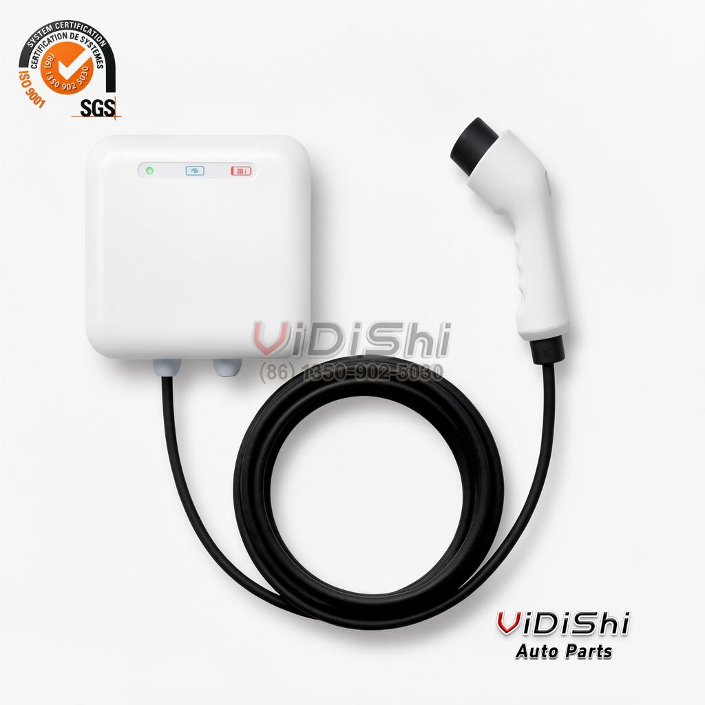White Lily wallbox with status indicator bar, coiled black cable and white charge gun