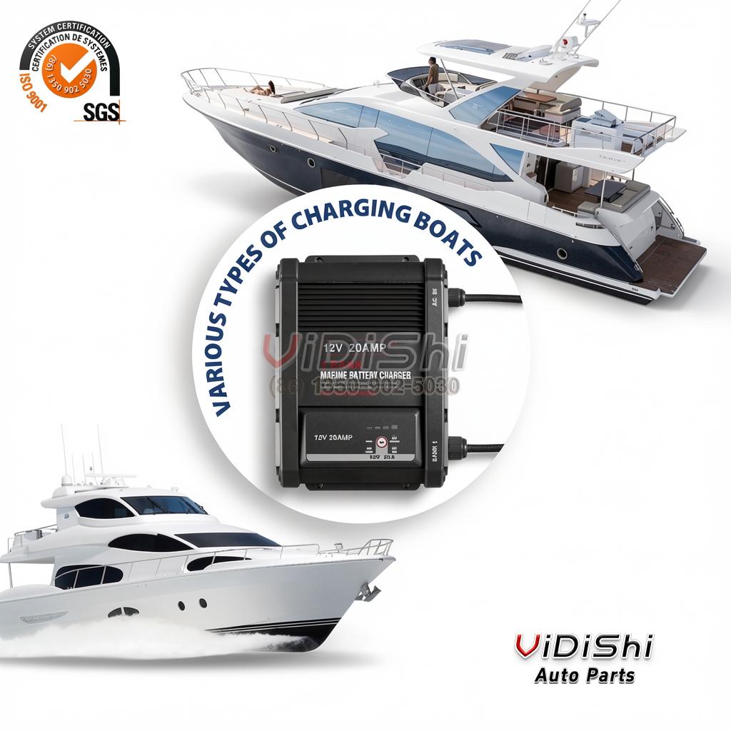 Black ribbed 12V 20A marine battery charger beside two yachts with a charging-boats caption