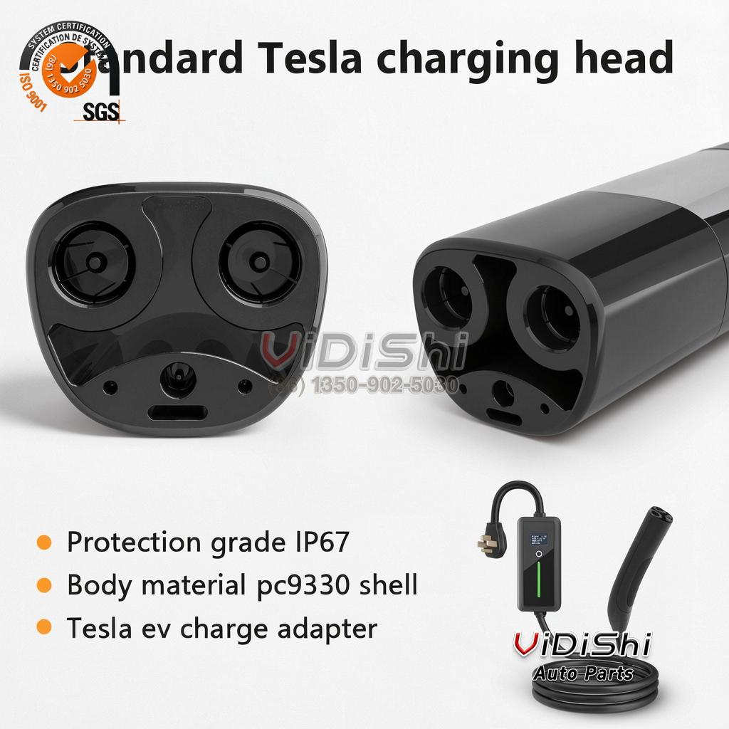 Black portable Tesla extension cord with NEMA 14-50 plug and Tesla connector control box