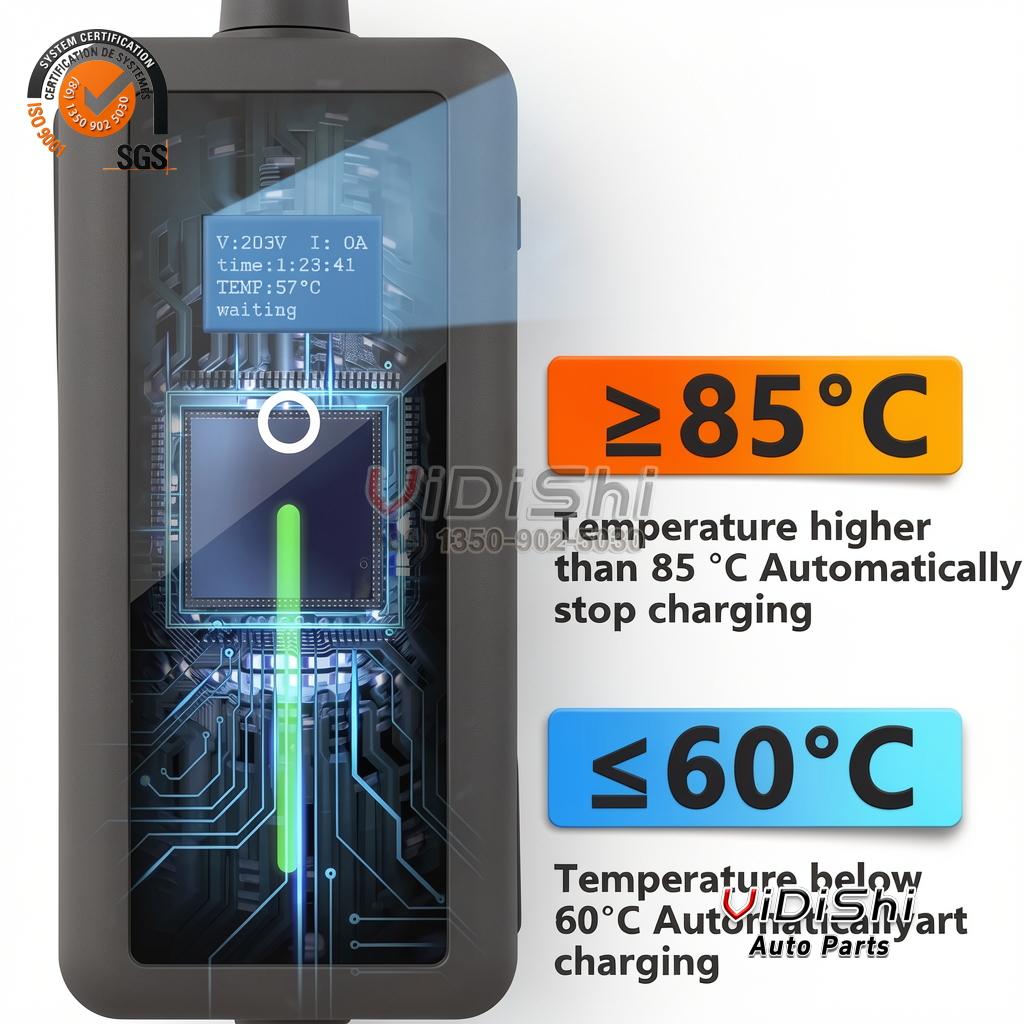 Portable charger control box shown in cutaway with LCD readout and 85C and 60C temperature cut-off limits
