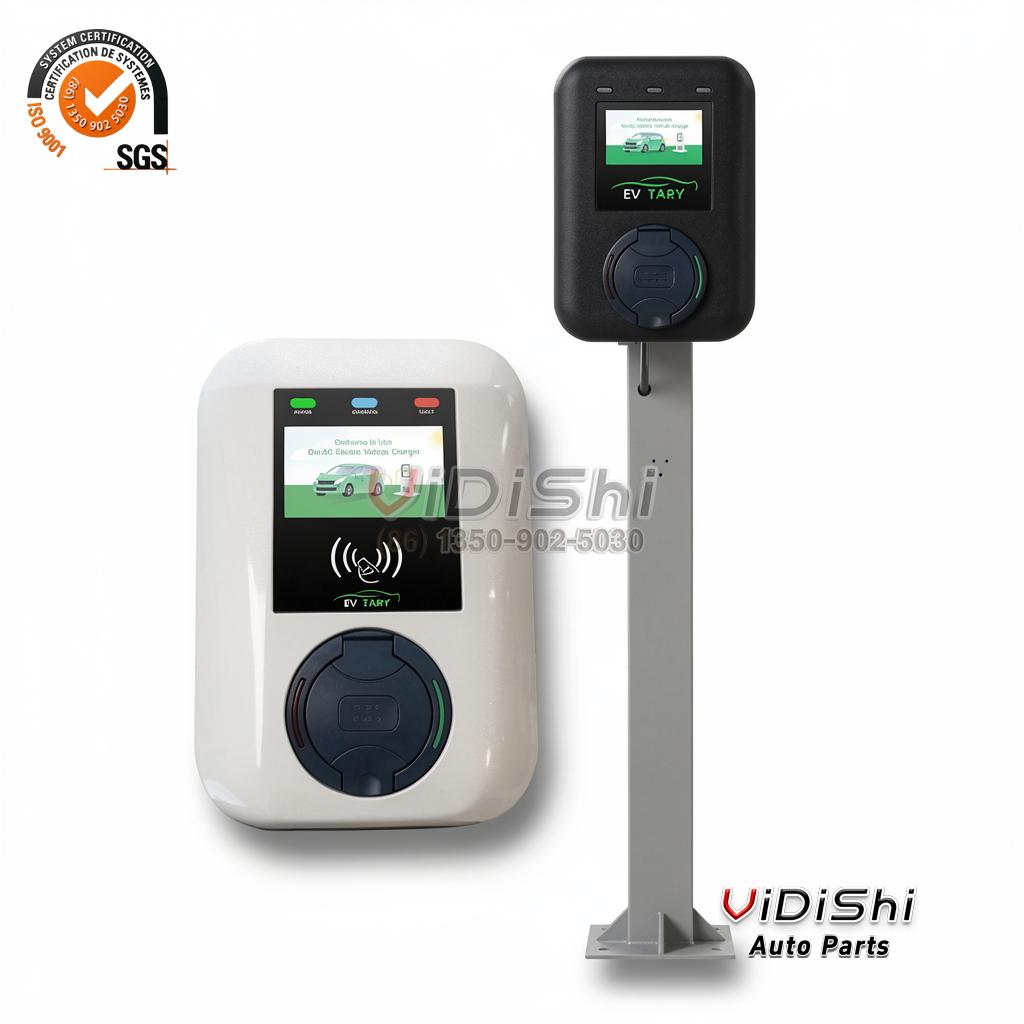 IP68 Type 2 Wallbox EV Charger Station 7kW for Home Charging 1 White wall-mounted EV wallbox with LCD and socket next to a black pedestal-mounted version