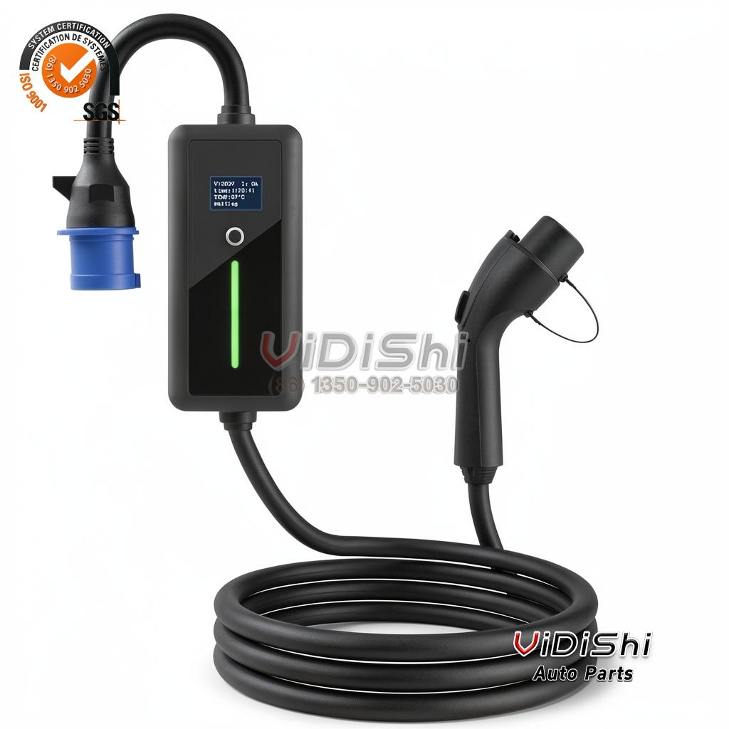 Portable GBT EV charger with LCD display, blue CEE input plug and coiled cable