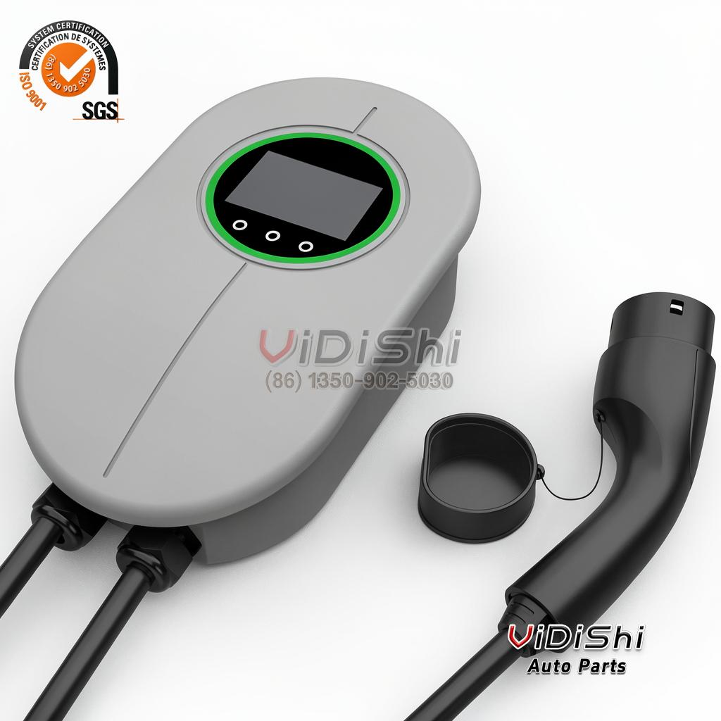 Grey oval wallbox charger with a round LCD and green status ring shown from the side with its Type 2 gun