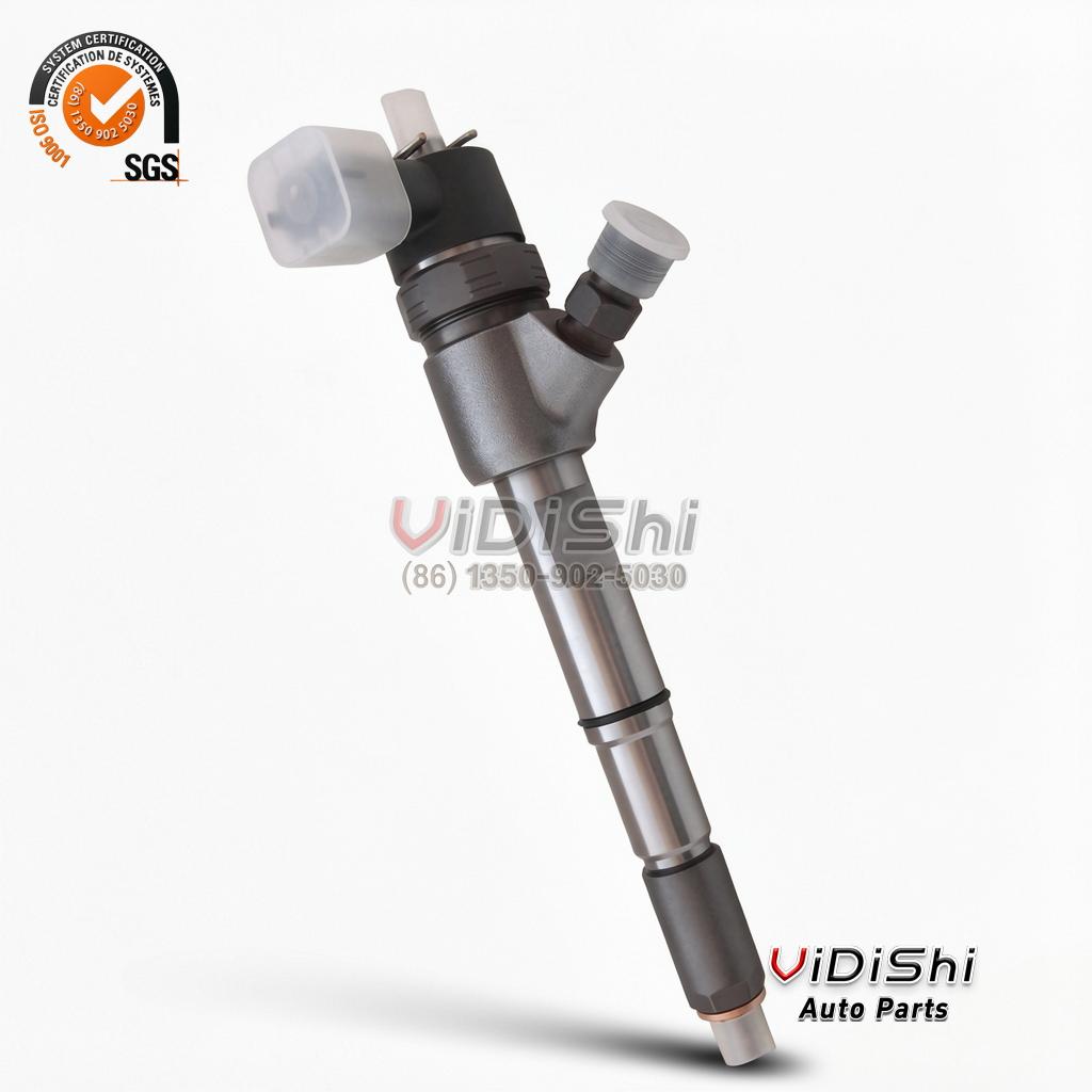 33800-4A500 Common rail injector at an angle with protective caps on the inlet and leak-off spigots