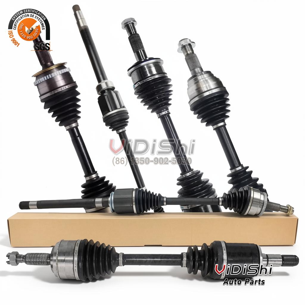 Front CV Axle Replacement for Peugeot 408 Hyundai Tucson 1 Group of front CV drive axles with constant velocity joints, rubber boots and a kraft paper carton