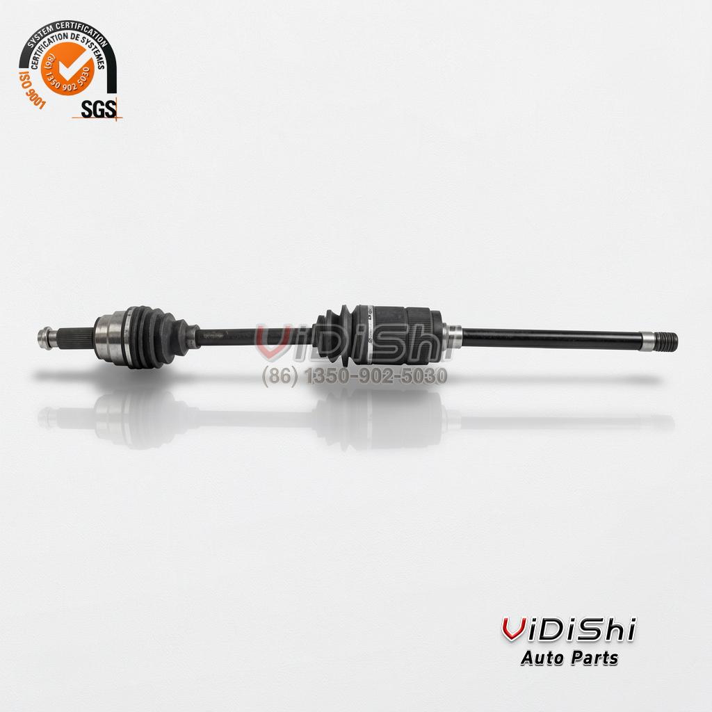 Front CV Axle Replacement for Peugeot 408 Hyundai Tucson 4 Front CV drive axle laid flat with joint boots at both ends and a reflection under the shaft