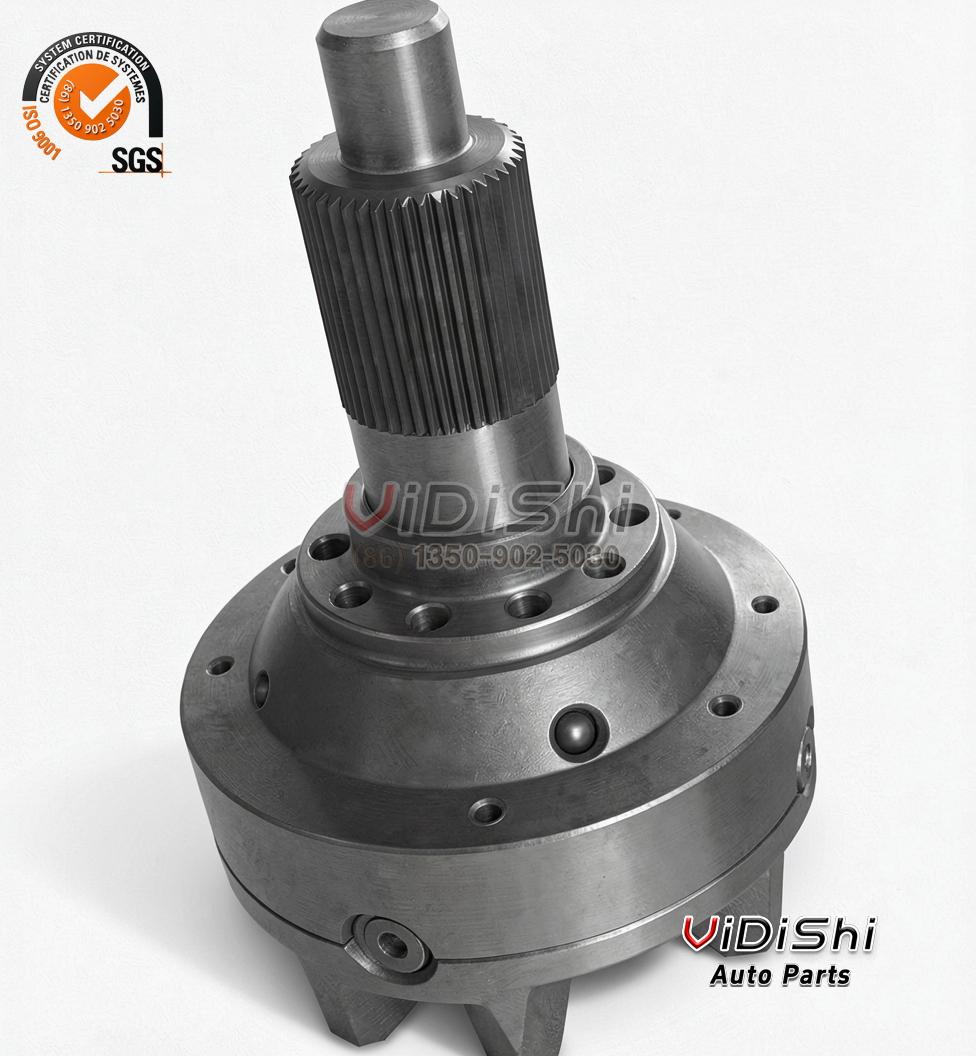 Differential carrier assembly with splined pinion shaft, stepped cast housing and multi-circle bolt flange