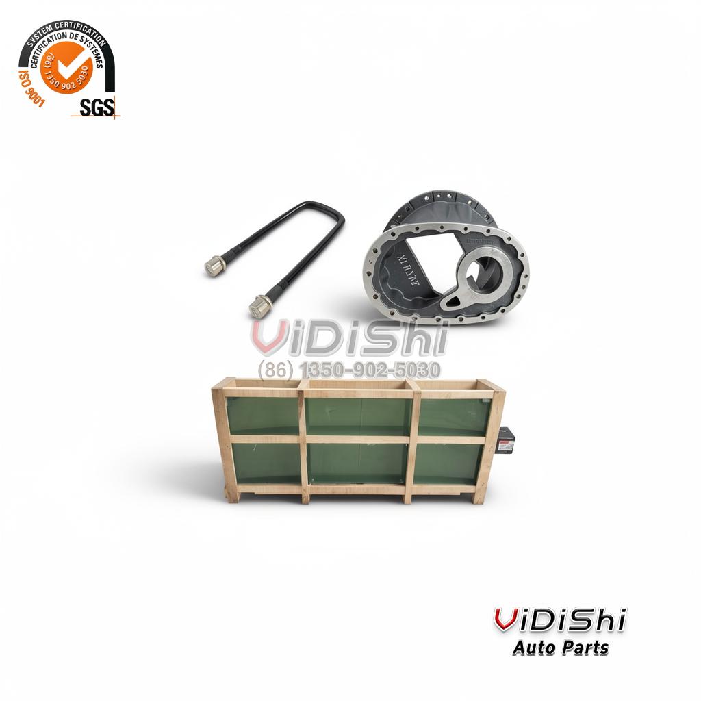 AZ9231320266 Differential Assembly for Sinotruk HOWO Truck 5 Two U-bolts with nuts, a cast housing cover with large center bore and an open wooden export crate