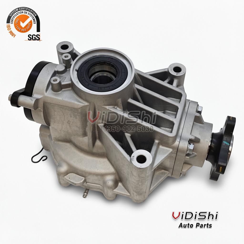 Rear differential axle assembly on white with ribbed cast housing, bolted cover and black output coupling
