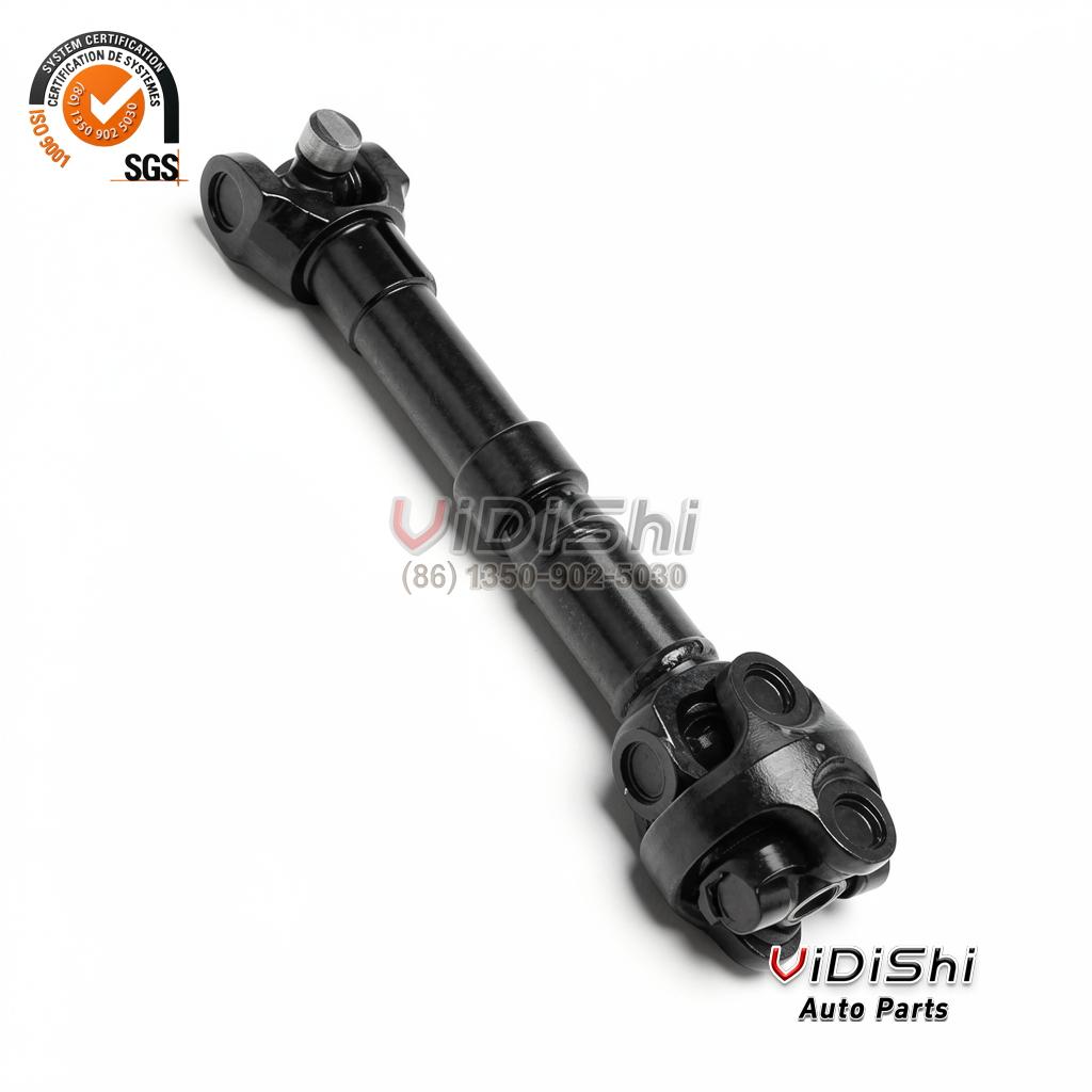 Cardan drive shaft assembly at an angle, black tube with joint yoke and sliding spline yoke at the ends