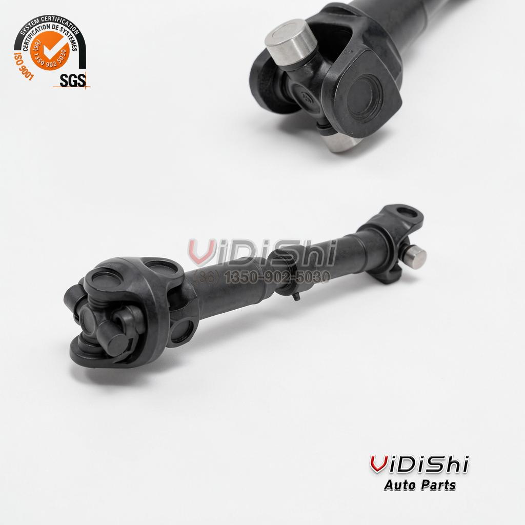 WF27-405-60 Cardan Drive Shaft with Double Universal Joint 3 Composite view: close-up of the cardan shaft end yoke above, whole shaft laid horizontally below