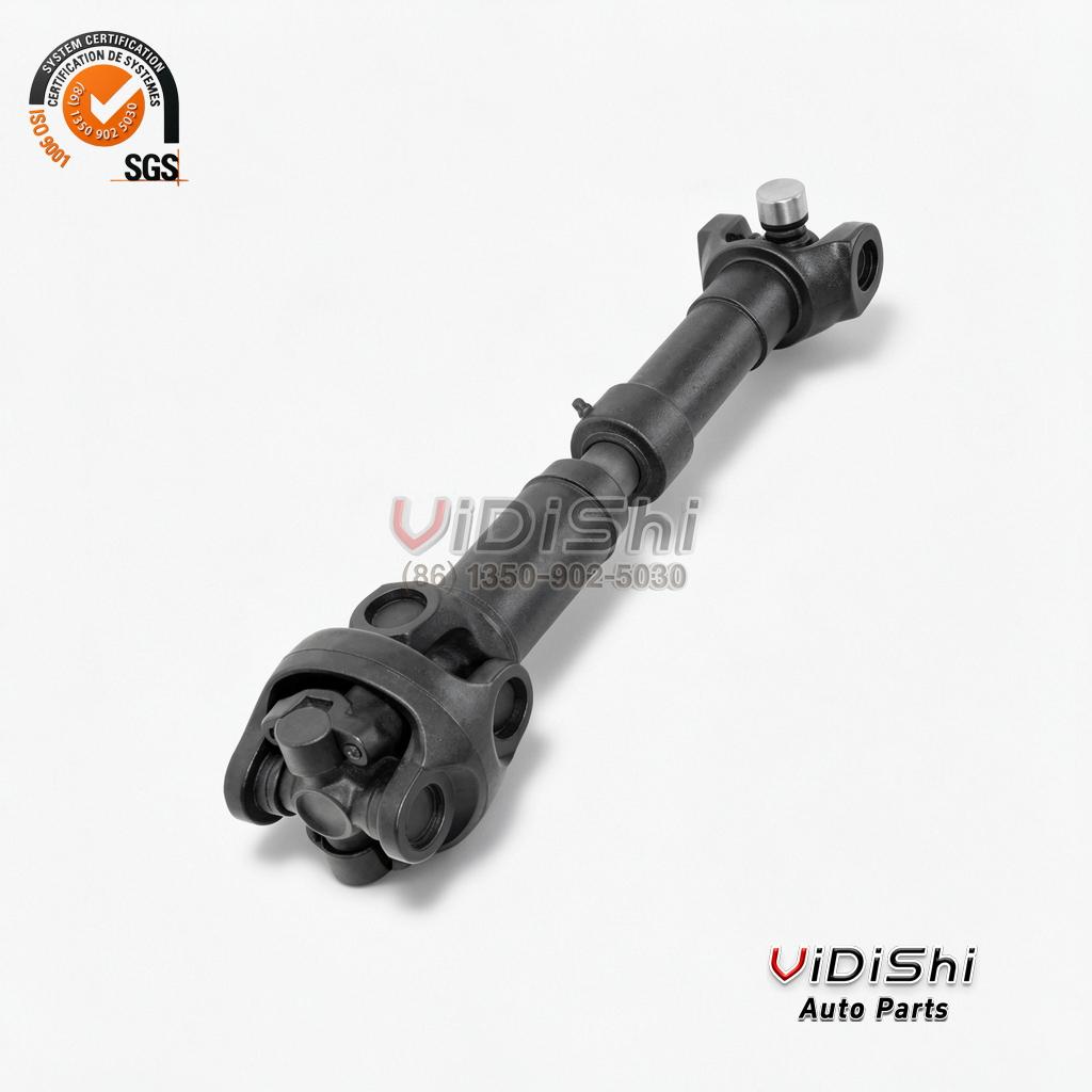 WF27-405-60 Cardan Drive Shaft with Double Universal Joint 6 Cardan drive shaft assembly laid lengthwise diagonally on white, large joint yoke at the lower end