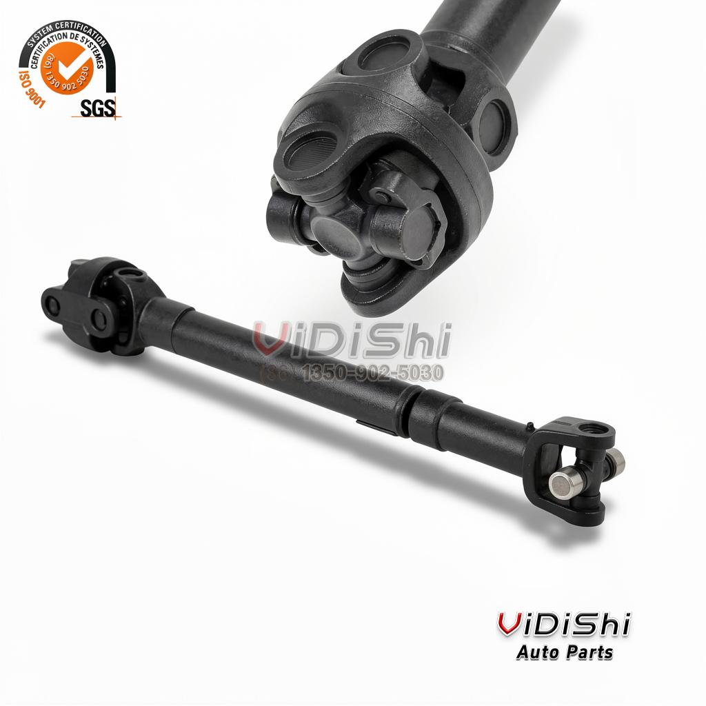 All Products 7 Composite view: cardan drive shaft laid flat below, close-up of the universal joint cross and bearing cup above, WF27-405-60